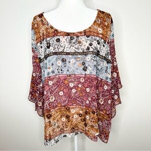 Style & Co Womens Floral Mix Multicolor Boho Top Bell Sleeve Size XL EUC